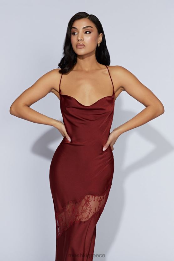 Meshki Chandra Lace Detail Satin Maxi Dress Cherry Chocolate Clothing JJN40N85