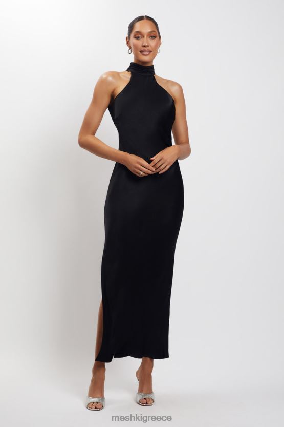 Meshki Claire Satin Drape Back Maxi Dress with Split Black Clothing JJN40N101