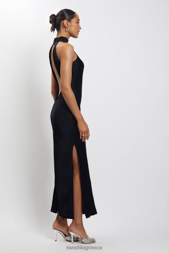 Meshki Claire Satin Drape Back Maxi Dress with Split Black Clothing JJN40N101