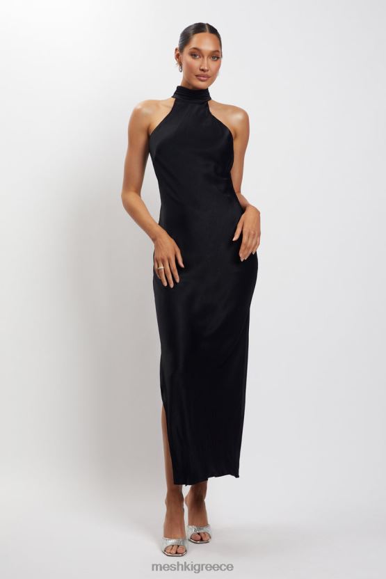 Meshki Claire Satin Drape Back Maxi Dress with Split Black Clothing JJN40N101