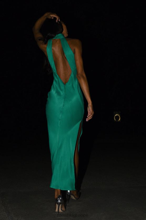 Meshki Claire Satin Drape Back Maxi Dress with Split Green Clothing JJN40N37