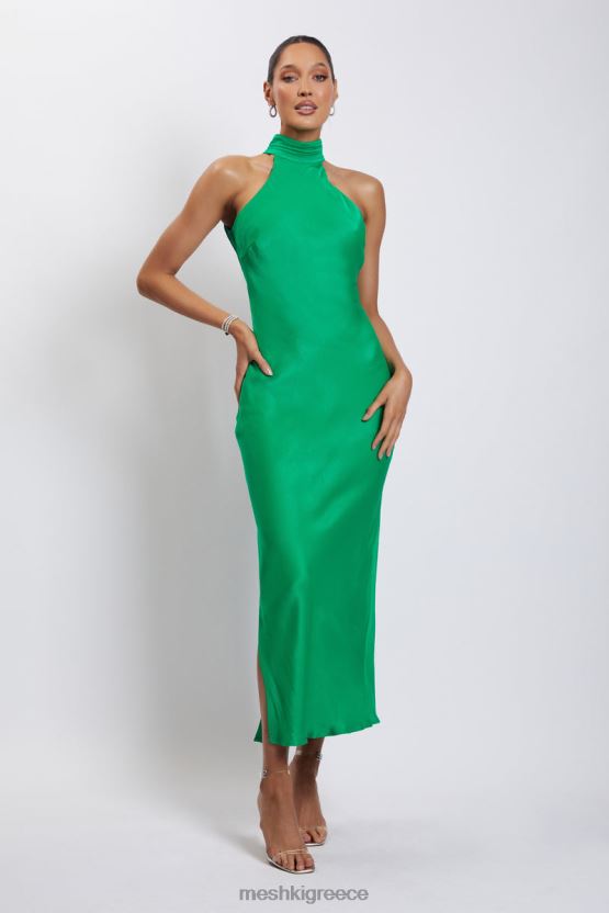 Meshki Claire Satin Drape Back Maxi Dress with Split Green Clothing JJN40N37