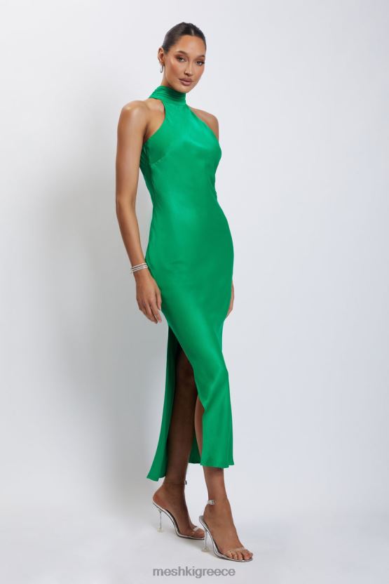 Meshki Claire Satin Drape Back Maxi Dress with Split Green Clothing JJN40N37