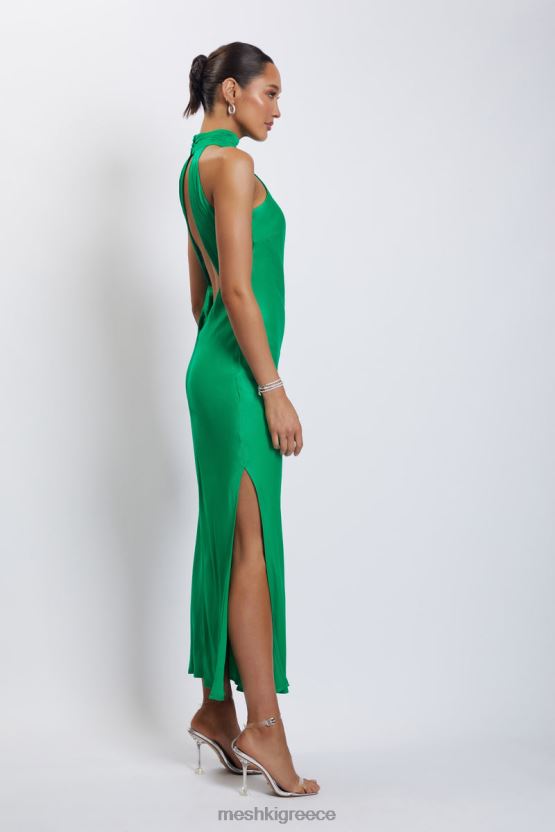 Meshki Claire Satin Drape Back Maxi Dress with Split Green Clothing JJN40N37
