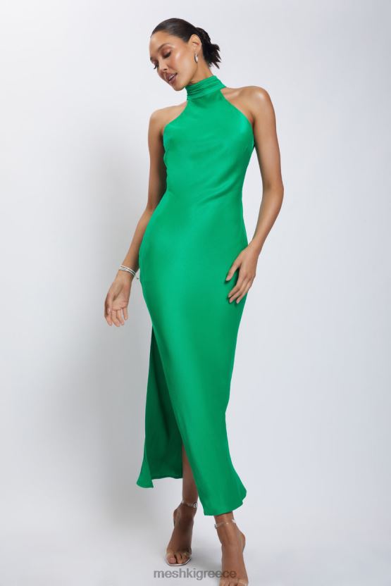 Meshki Claire Satin Drape Back Maxi Dress with Split Green Clothing JJN40N37