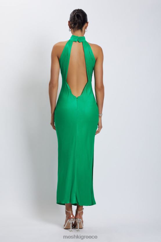 Meshki Claire Satin Drape Back Maxi Dress with Split Green Clothing JJN40N37