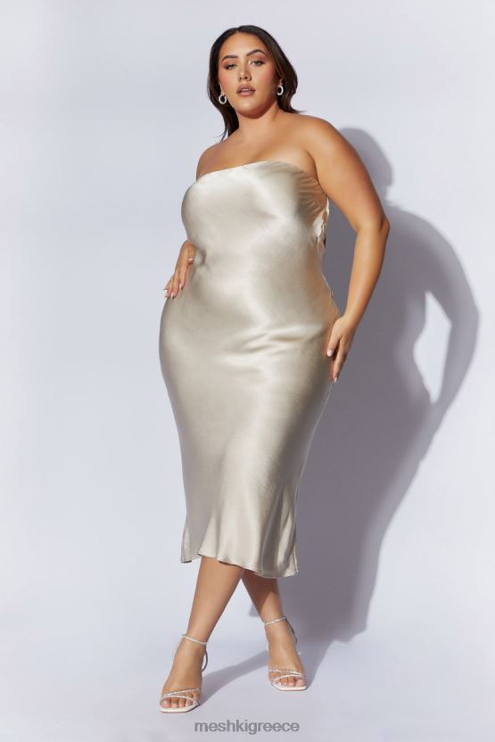 Meshki Mischa Strapless Midi Dress With Lace Detailing Champagne Clothing JJN40N31