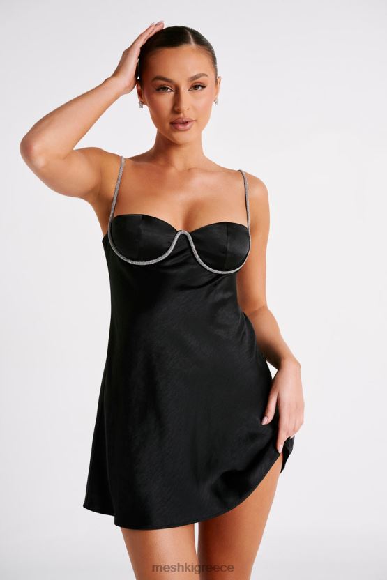 Meshki Elora Satin Cupped Mini Dress With Diamante Rope Black Clothing JJN40N34