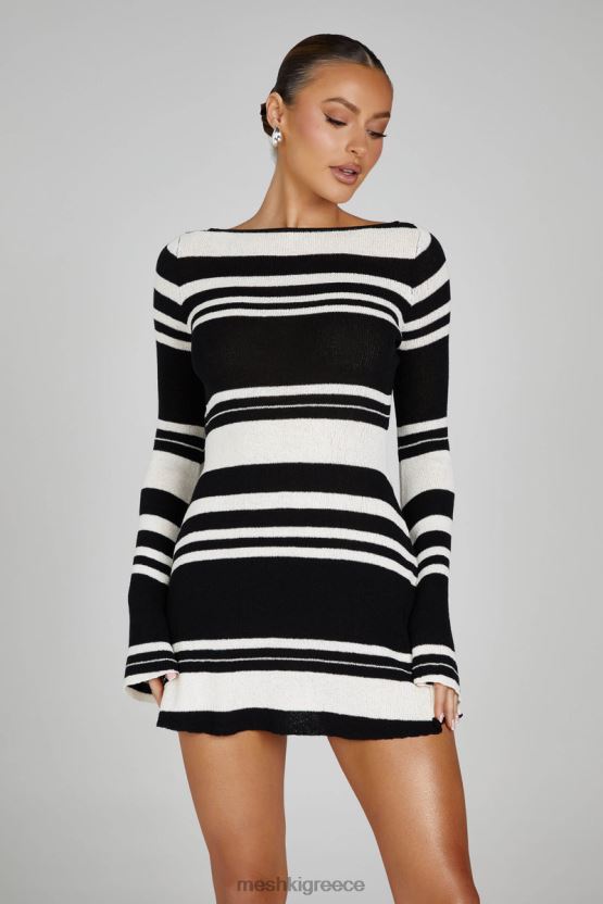 Meshki Zahra Long Sleeve Open Back Mini Knit Dress Black/White Clothing JJN40N110