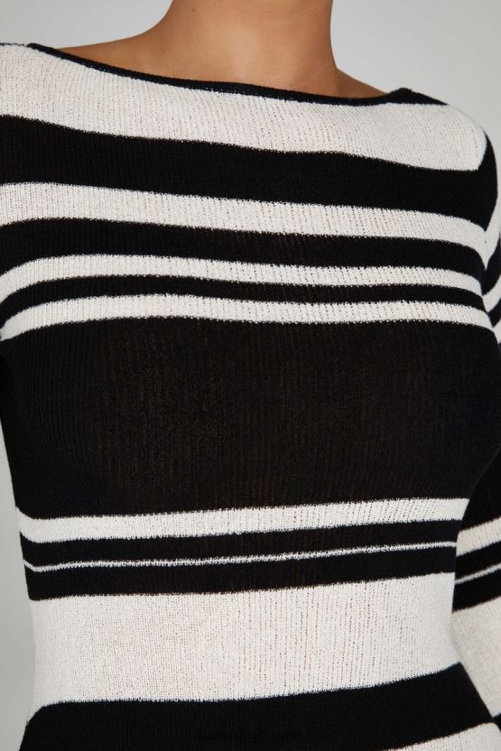 Meshki Zahra Long Sleeve Open Back Mini Knit Dress Black/White Clothing JJN40N110