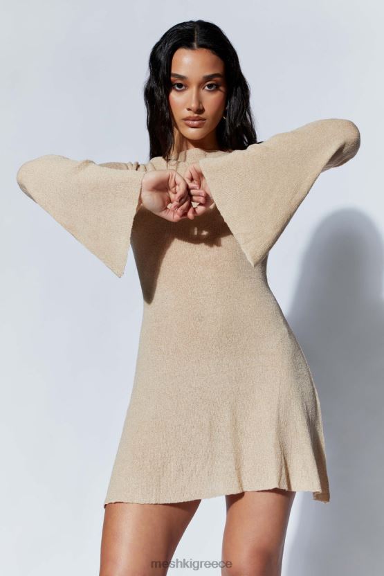 Meshki Zahra Long Sleeve Open Back Mini Knit Dress Wheat Clothing JJN40N106