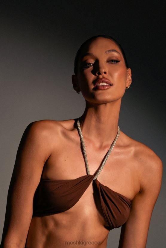 Meshki crop top λαιμό halter αλυσίδας lea diamante σοκολάτα είδη ένδυσης JJN40N1117