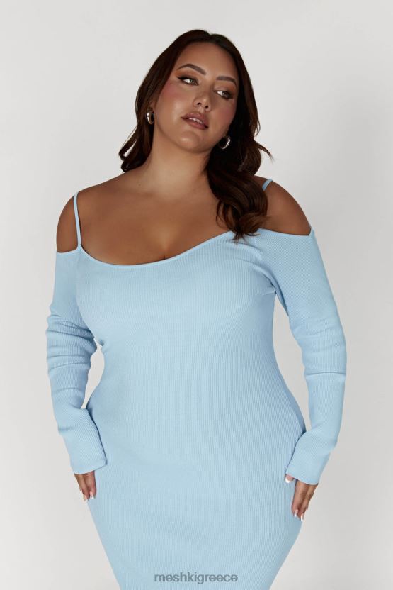 Meshki μίντι φόρεμα από πλεκτό shea off shoulder μπλε σκόνη είδη ένδυσης JJN40N439